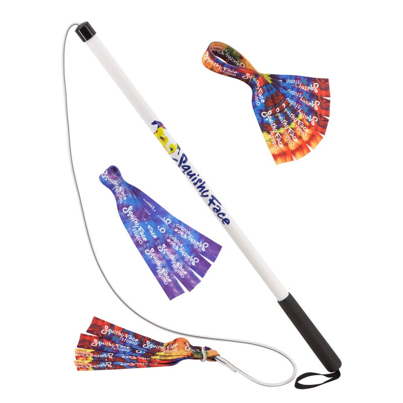 Squishy Face Studio Flirt Pole V2 Dog Exercise Toy Bundle with 2 Lures and 1 Tug, 36-inch, Rainbow, Purple/Blue Tie Dye - Image 1